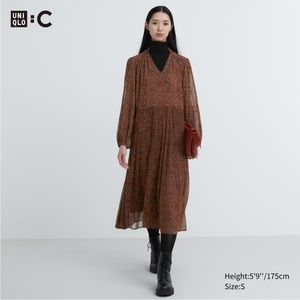 Chiffon Pleated Long-Sleeve Dress sz M